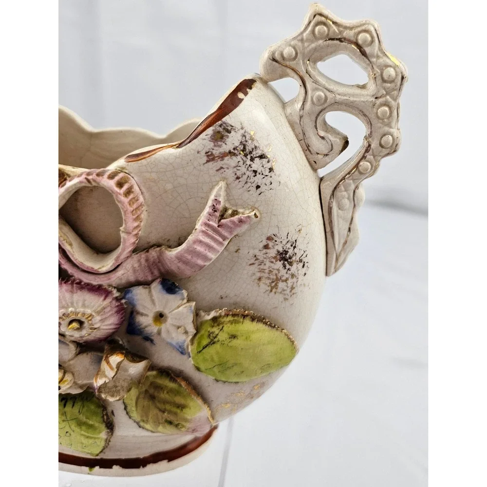 Antique Floral Vase Handled Ceramic 1897 Dated Decor Display‎ Planter
